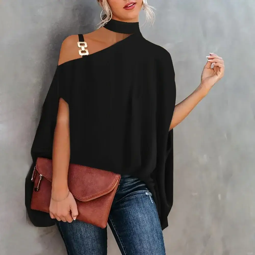 White Slant Collar Loose Top with Brown Crossbody Bag - Image 55