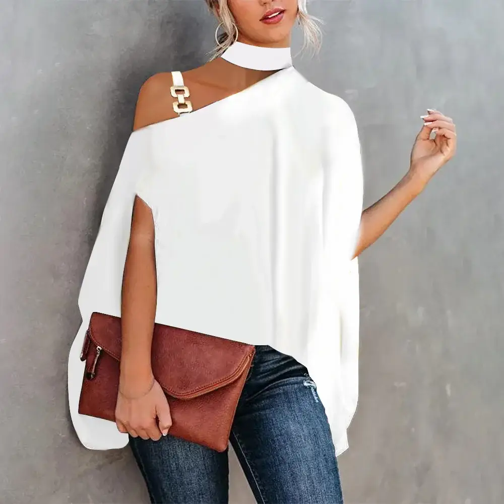 White Slant Collar Loose Top with Brown Crossbody Bag - Image 56
