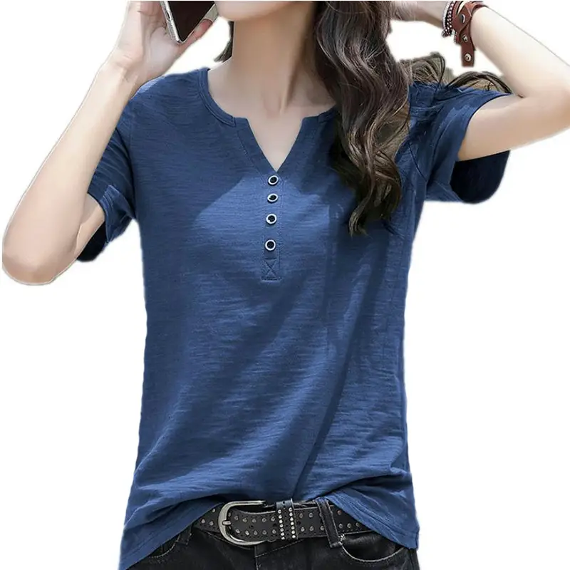 Women White V Neck Button T-Shirt 2024 Summer - Image 50