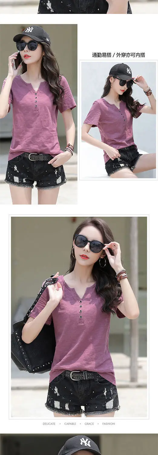 Women White V Neck Button T-Shirt 2024 Summer — feature 10