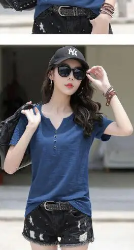 Women White V Neck Button T-Shirt 2024 Summer — feature 12