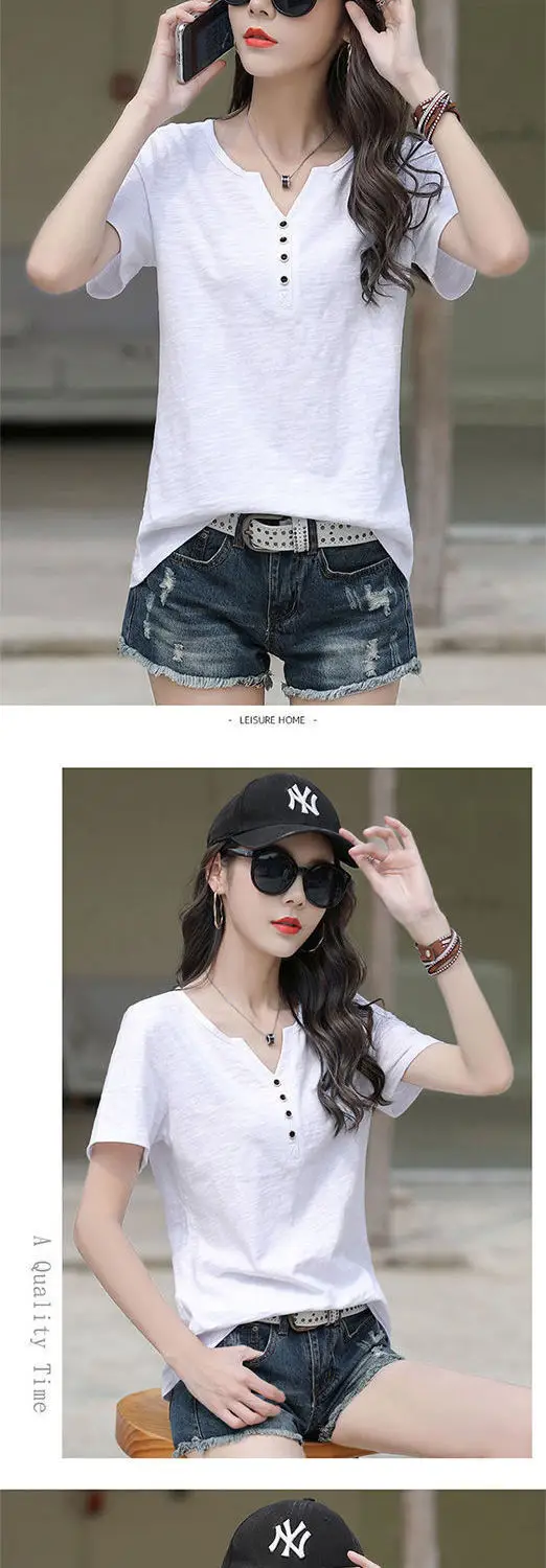 Women White V Neck Button T-Shirt 2024 Summer — feature 8