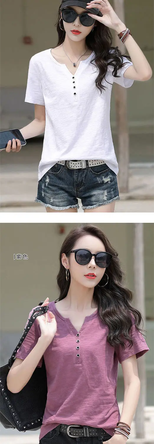 Women White V Neck Button T-Shirt 2024 Summer — feature 9
