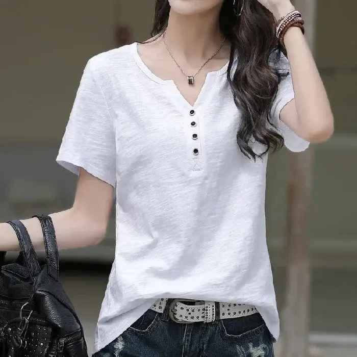 Women White V Neck Button T-Shirt 2024 Summer - Image 13
