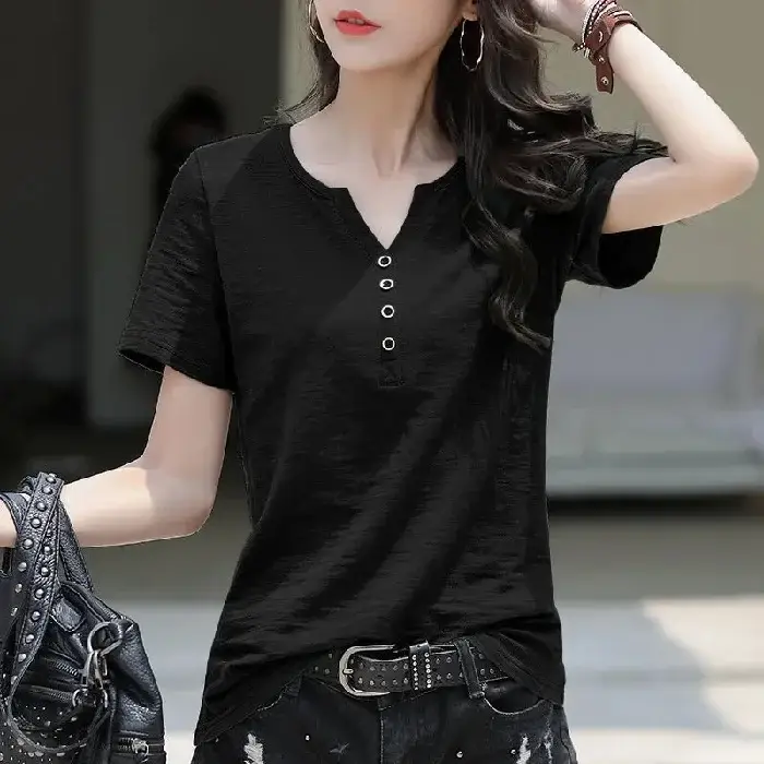 Women White V Neck Button T-Shirt 2024 Summer - Image 18