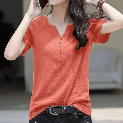 Women White V Neck Button T-Shirt 2024 Summer - Image 36