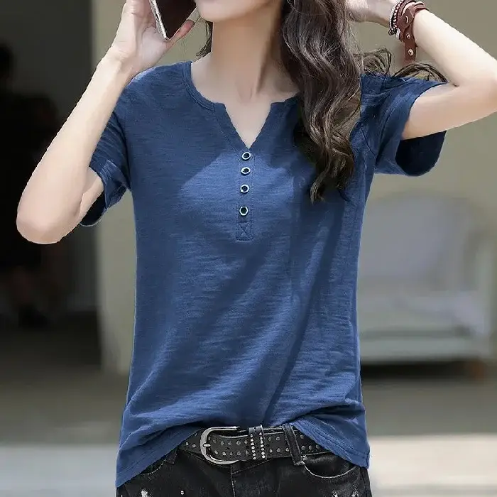 Women White V Neck Button T-Shirt 2024 Summer - Image 5