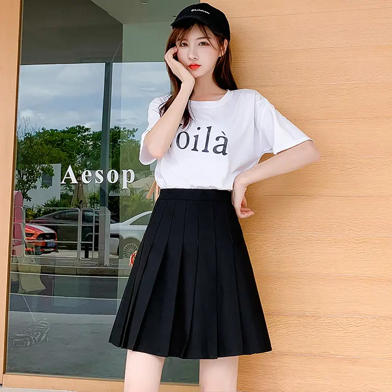 A-Line Pleated Skirt Mid Length Solid Color Plus Size - Image 2