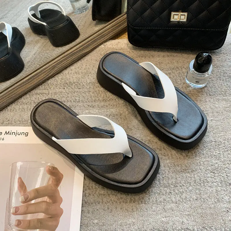 Women Black Korean Muffin Flip Flops Thick Sole 2023