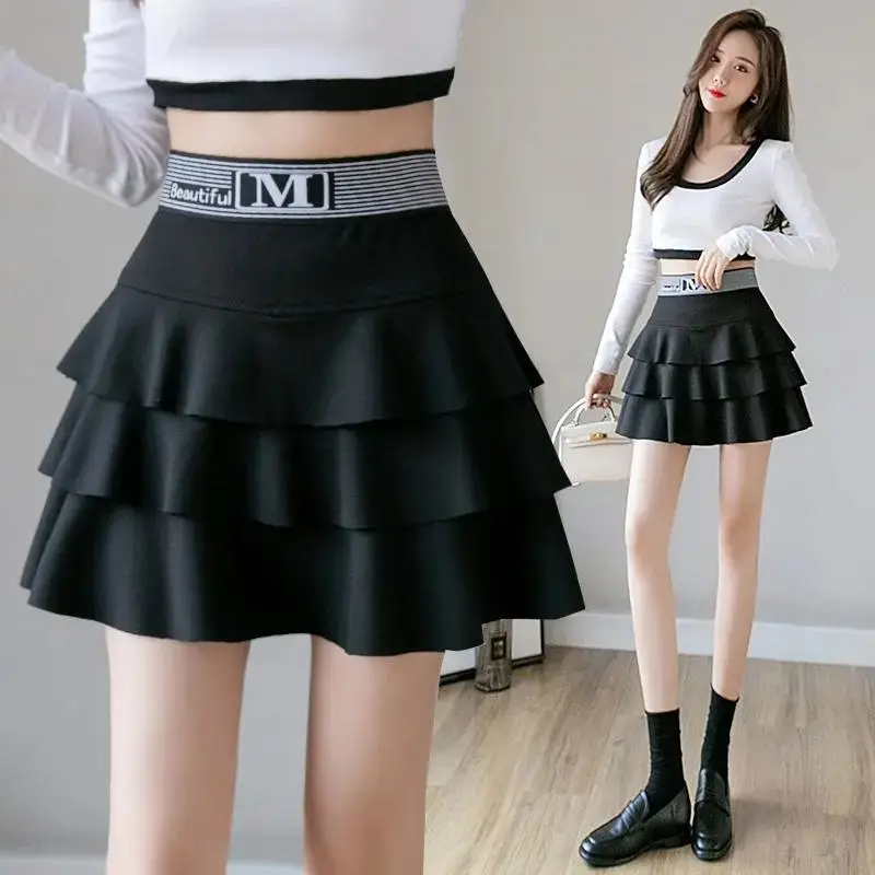 Black Ruffled Skirt High Waist Slimming A-Line - Image 3