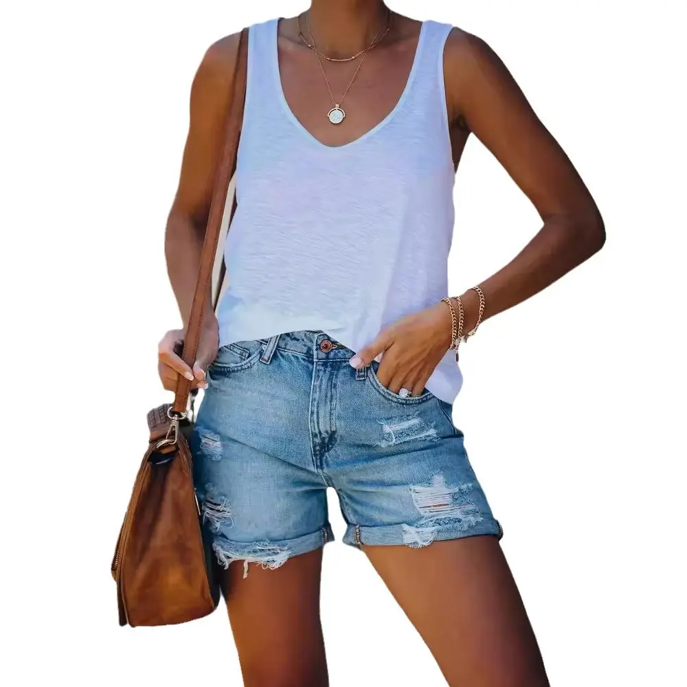 Women Denim Shorts V-Neck Light Blue Set - Image 6