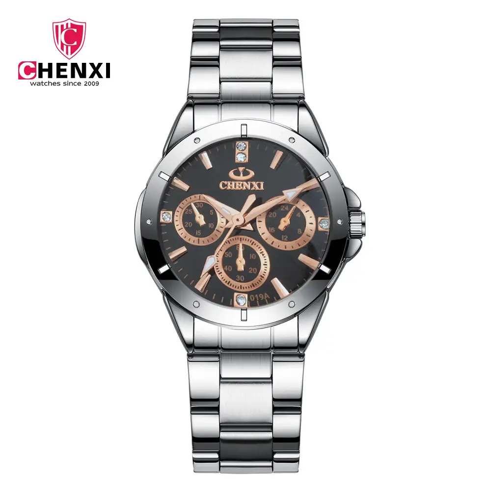 Chenxi Men Chronograph Watch Steel Band Black Dial