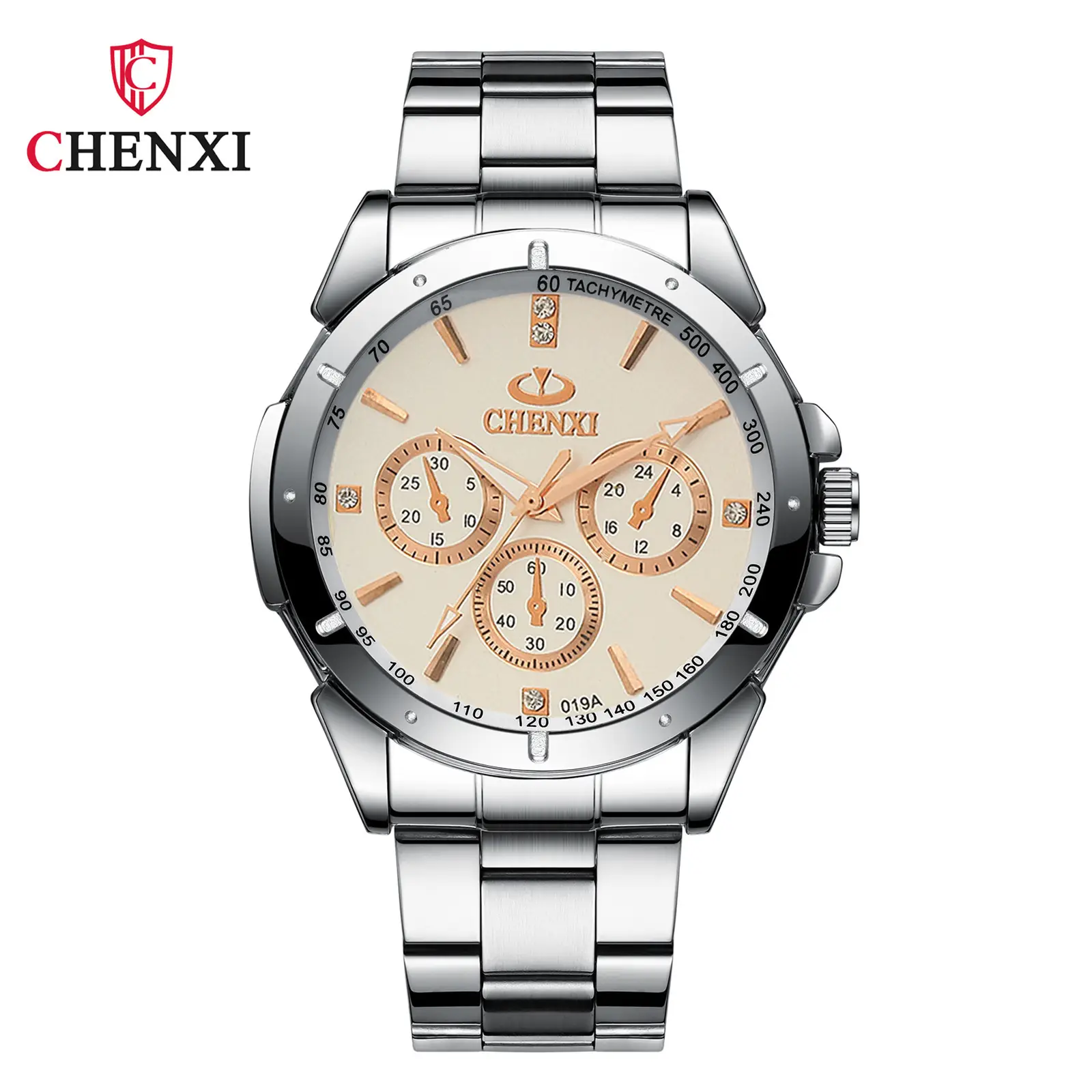 Chenxi Men Chronograph Watch Steel Band Black Dial