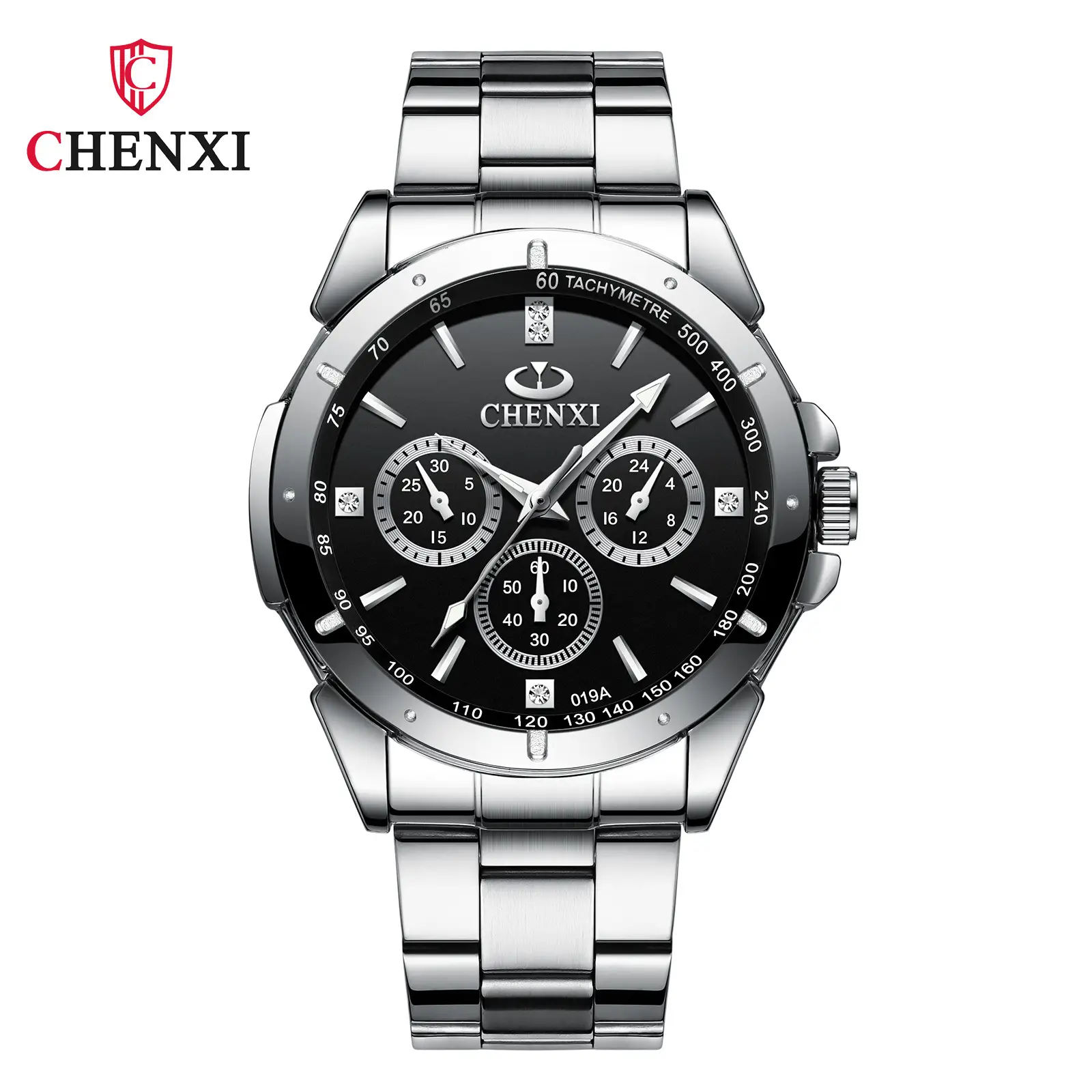 Chenxi Men Chronograph Watch Steel Band Black Dial