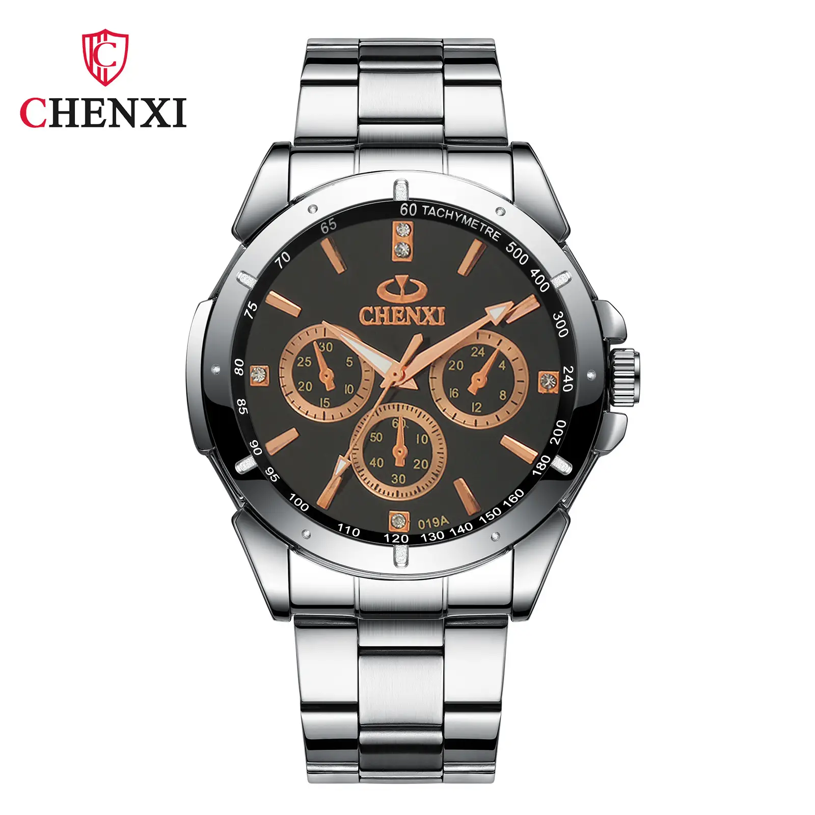 Chenxi Men Chronograph Watch Steel Band Black Dial
