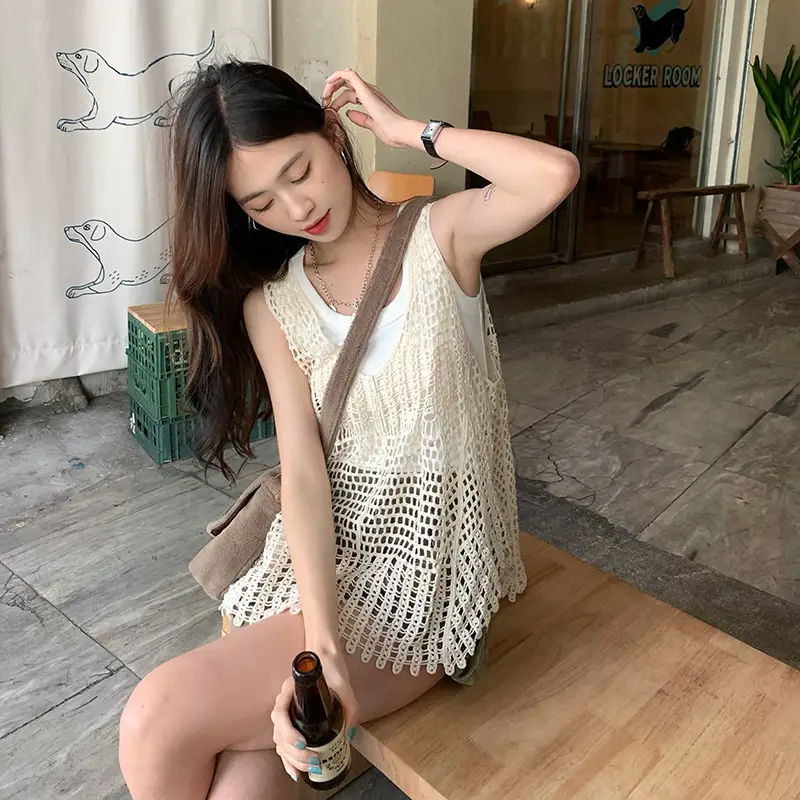 Women's White Crochet Hollow Knitted Vest Vest Summer Outfit Korean Style - Image 4