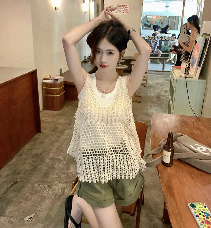 Women's White Crochet Hollow Knitted Vest Vest Summer Outfit Korean Style — feature 1