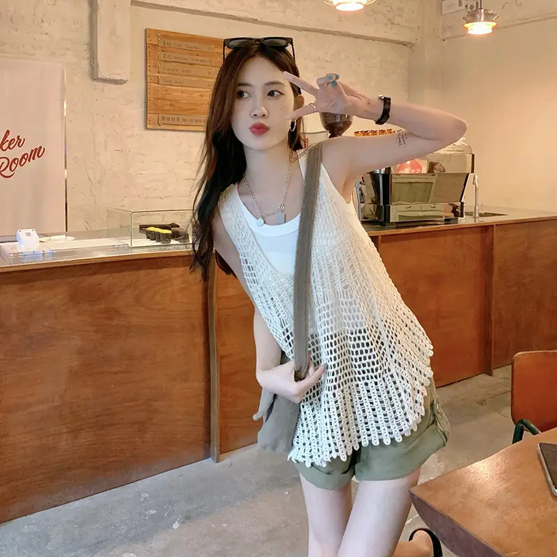 Women's White Crochet Hollow Knitted Vest Vest Summer Outfit Korean Style — feature 11