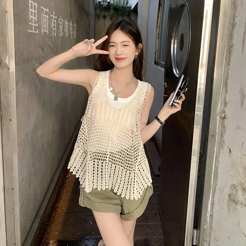 Women's White Crochet Hollow Knitted Vest Vest Summer Outfit Korean Style — feature 14