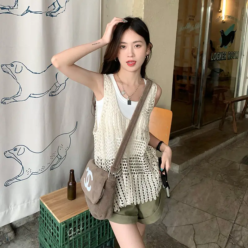 Women's White Crochet Hollow Knitted Vest Vest Summer Outfit Korean Style — feature 4