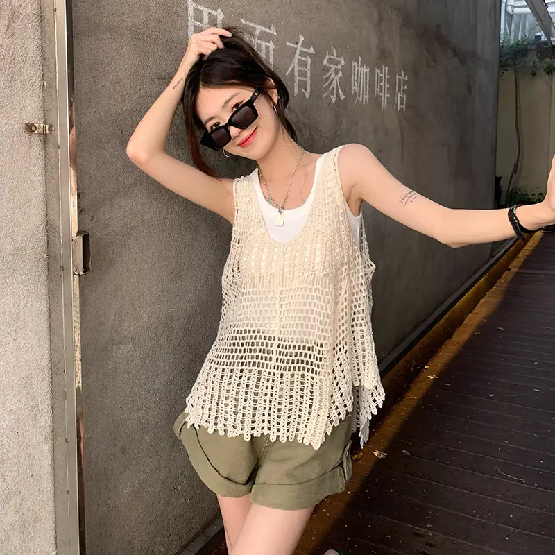 Women's White Crochet Hollow Knitted Vest Vest Summer Outfit Korean Style — feature 5