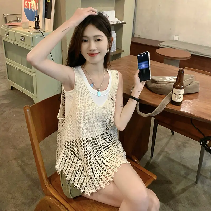 Women's White Crochet Hollow Knitted Vest Vest Summer Outfit Korean Style — feature 6