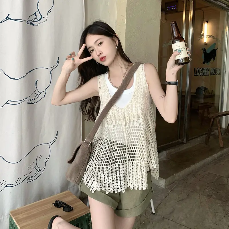 Women's White Crochet Hollow Knitted Vest Vest Summer Outfit Korean Style — feature 7