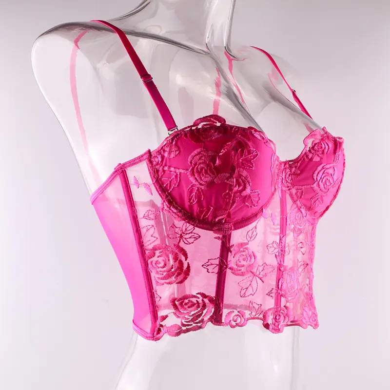 Pink Embroidered Fishbone Corset with Steel Strap — feature 22