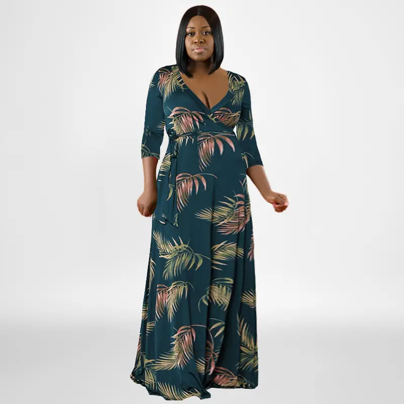 Plus Size Leaf Print Swing Dress European Belted Deep V Neck - Image 9