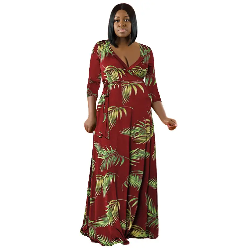 Plus Size Leaf Print Swing Dress European Belted Deep V Neck - Image 10