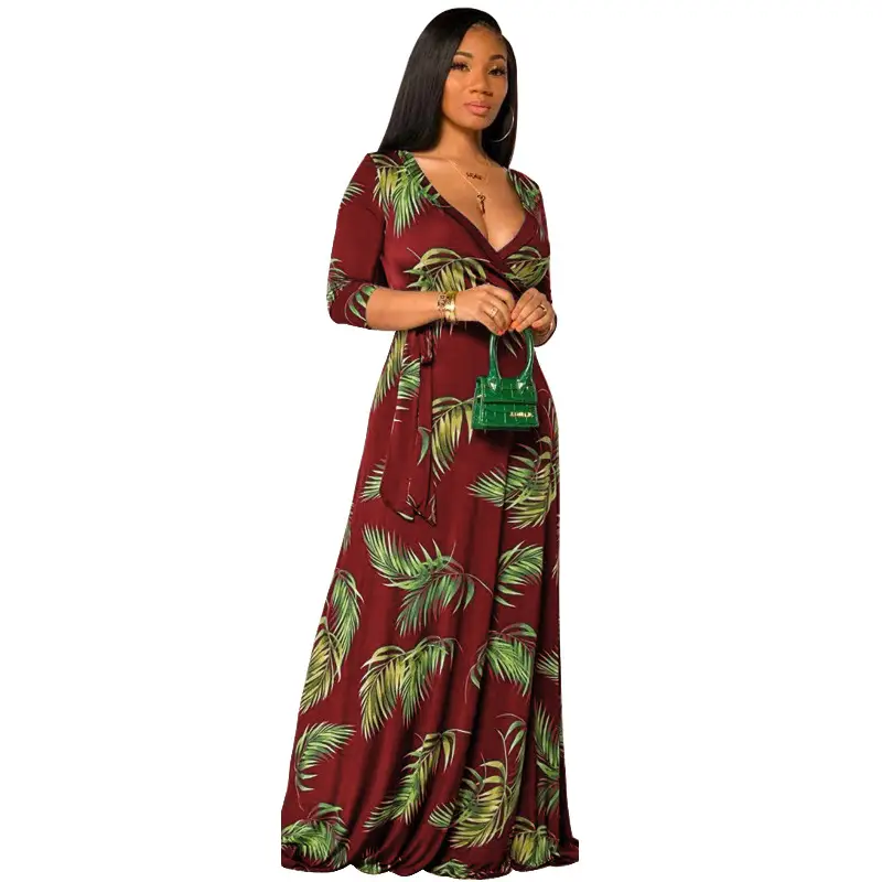 Plus Size Leaf Print Swing Dress European Belted Deep V Neck - Image 3