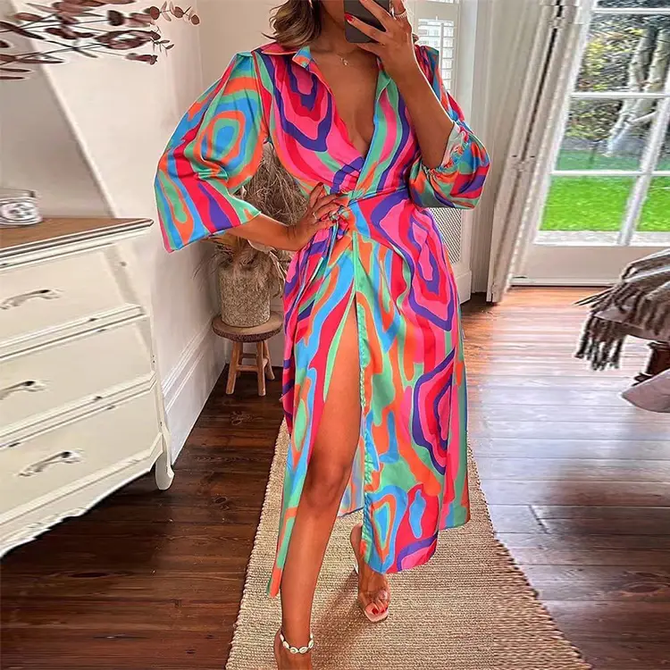 Multi Color Striped Lace-Up Midi Dress with High Slit