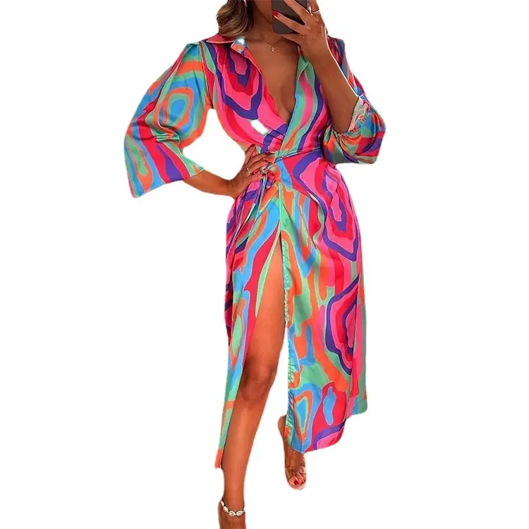Multi Color Striped Lace-Up Midi Dress with High Slit