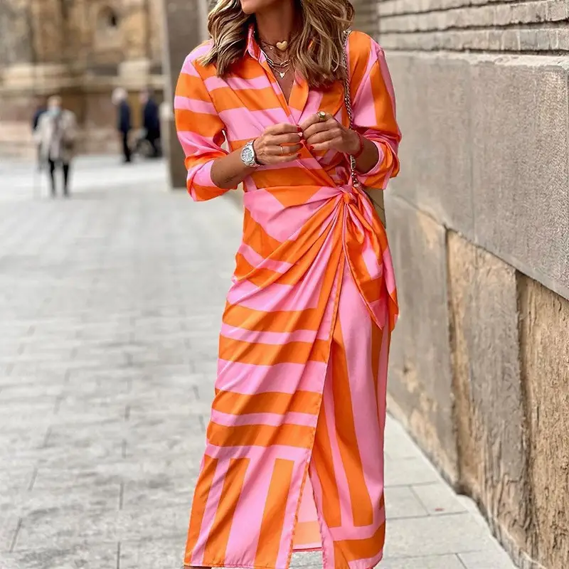 Multi Color Striped Lace-Up Midi Dress with High Slit