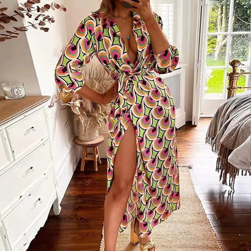 Multi Color Striped Lace-Up Midi Dress with High Slit