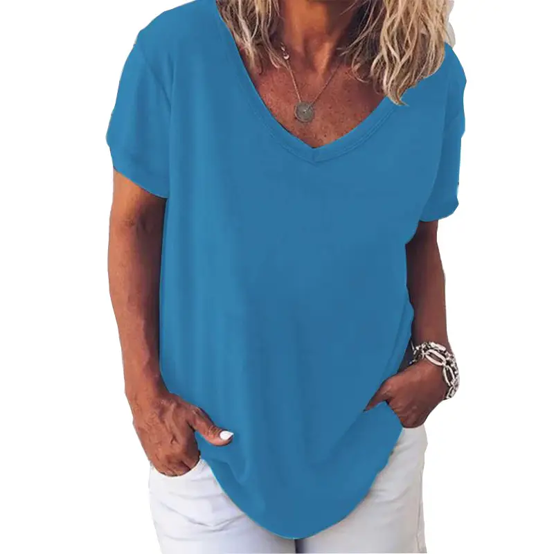 Women V-neck Short-sleeve T-shirt Grey Solid Color
