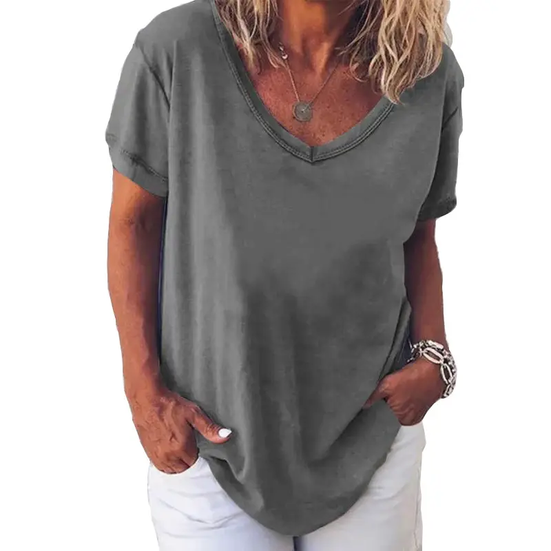 Women V-neck Short-sleeve T-shirt Grey Solid Color