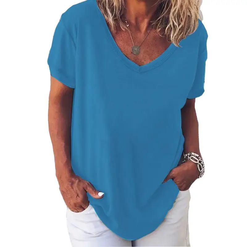Women V-neck Short-sleeve T-shirt Grey Solid Color