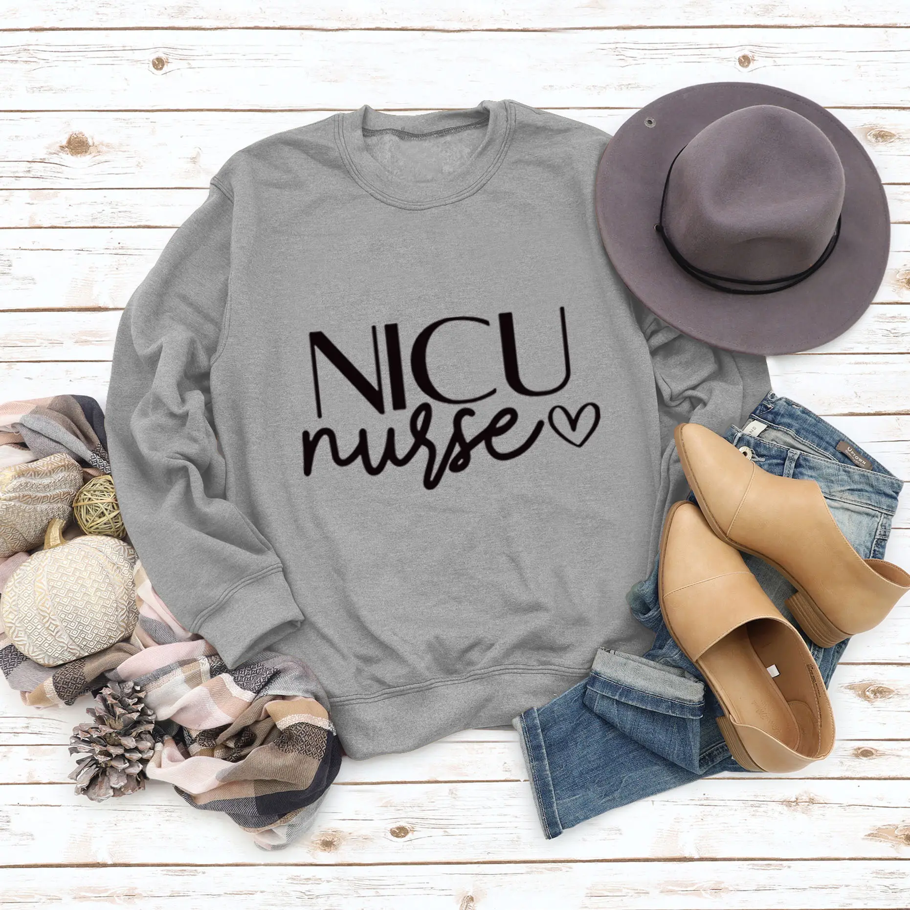 NICU NURSE Letters Round Neck Long Sleeve Sweatshirt for Women