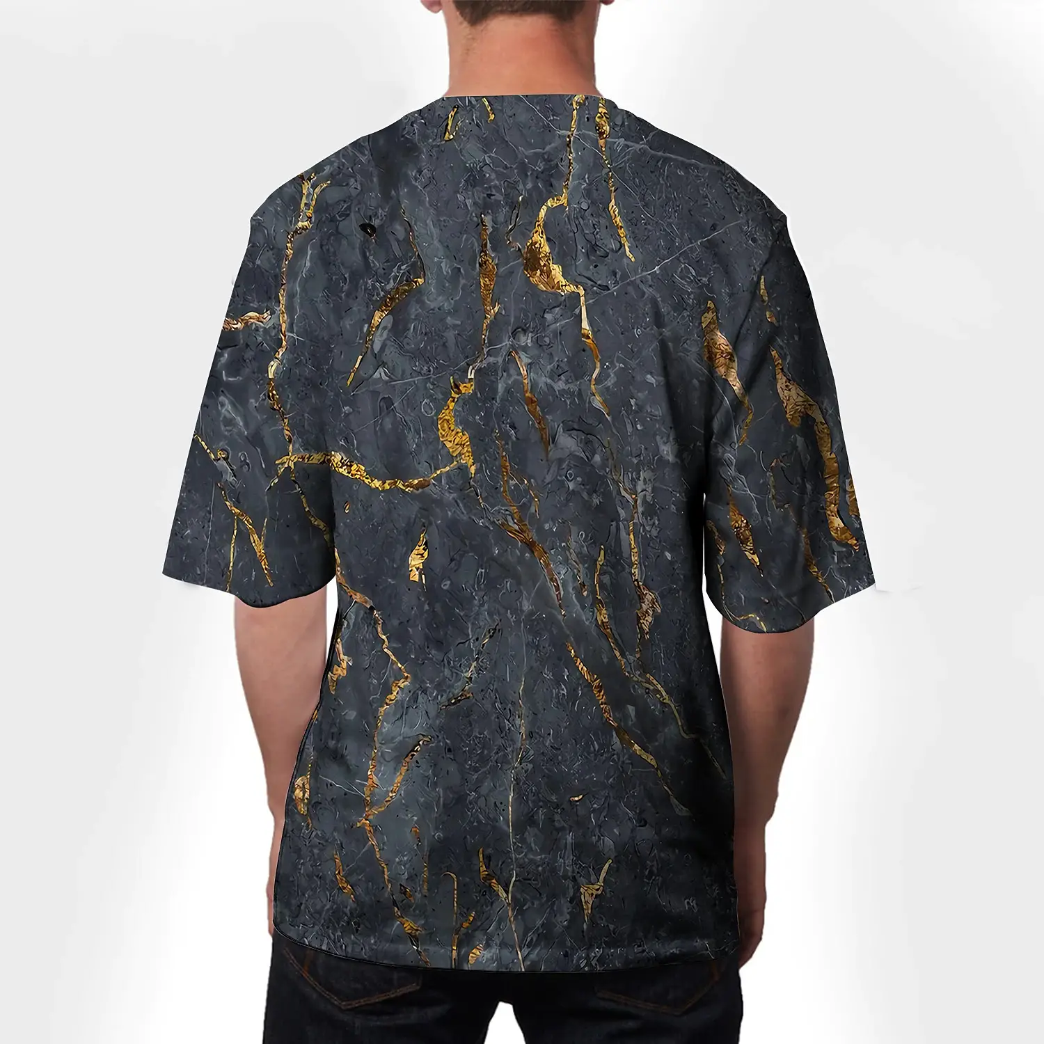 Men V-Neck Printed Cotton T-Shirt Blue 34F - Image 37