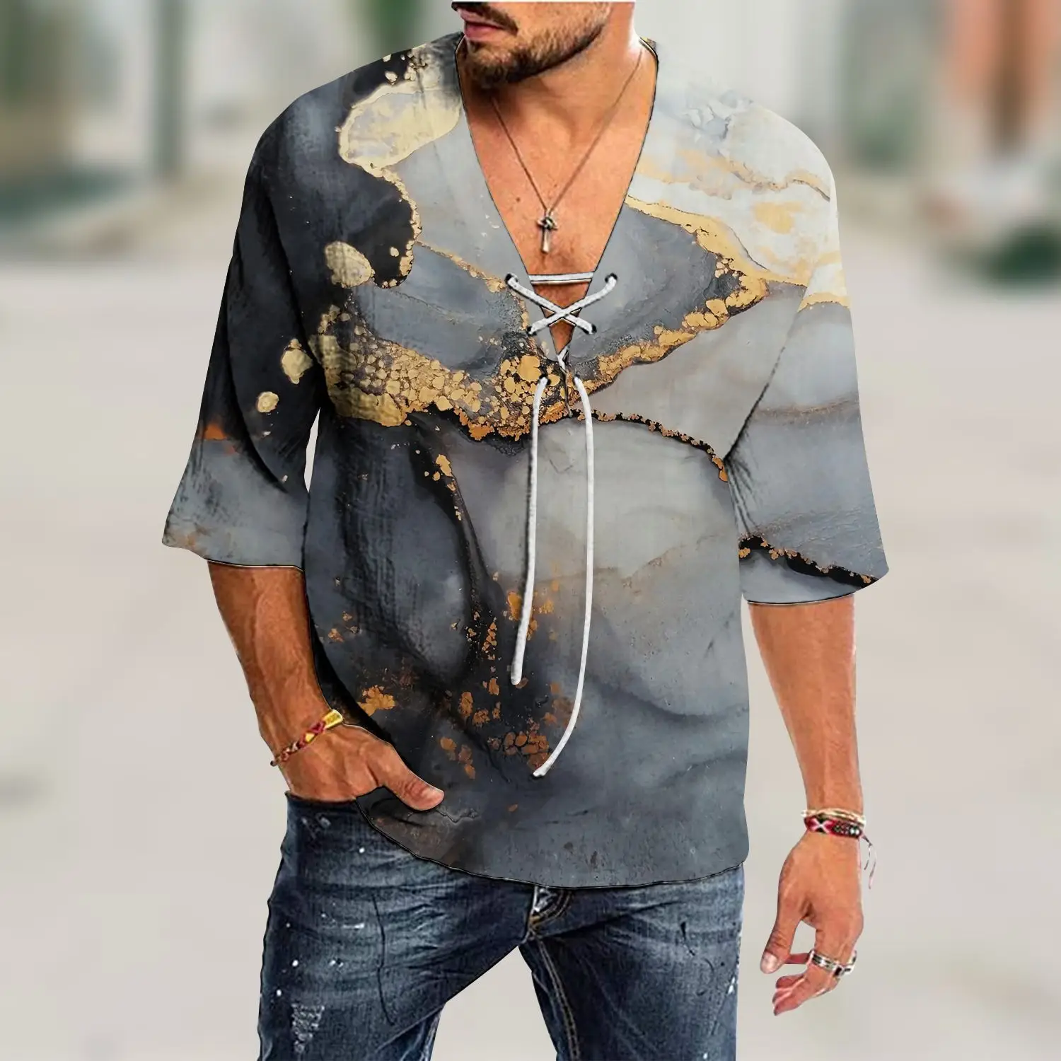 Men V-Neck Printed Cotton T-Shirt Blue 34F - Image 10