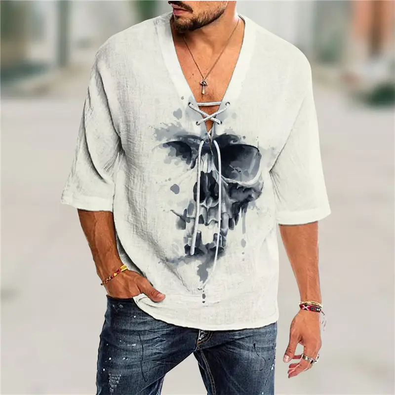 Men V-Neck Printed Cotton T-Shirt Blue 34F - Image 11