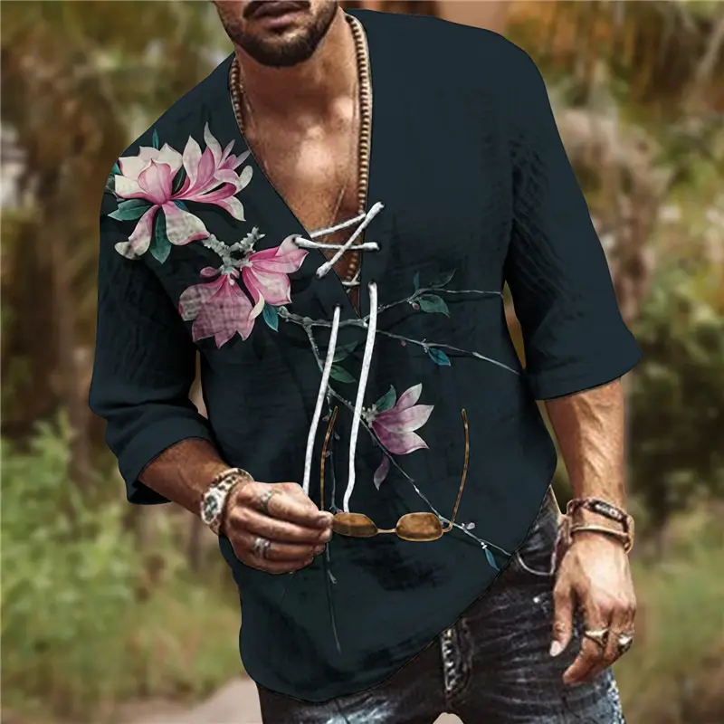 Men V-Neck Printed Cotton T-Shirt Blue 34F - Image 12