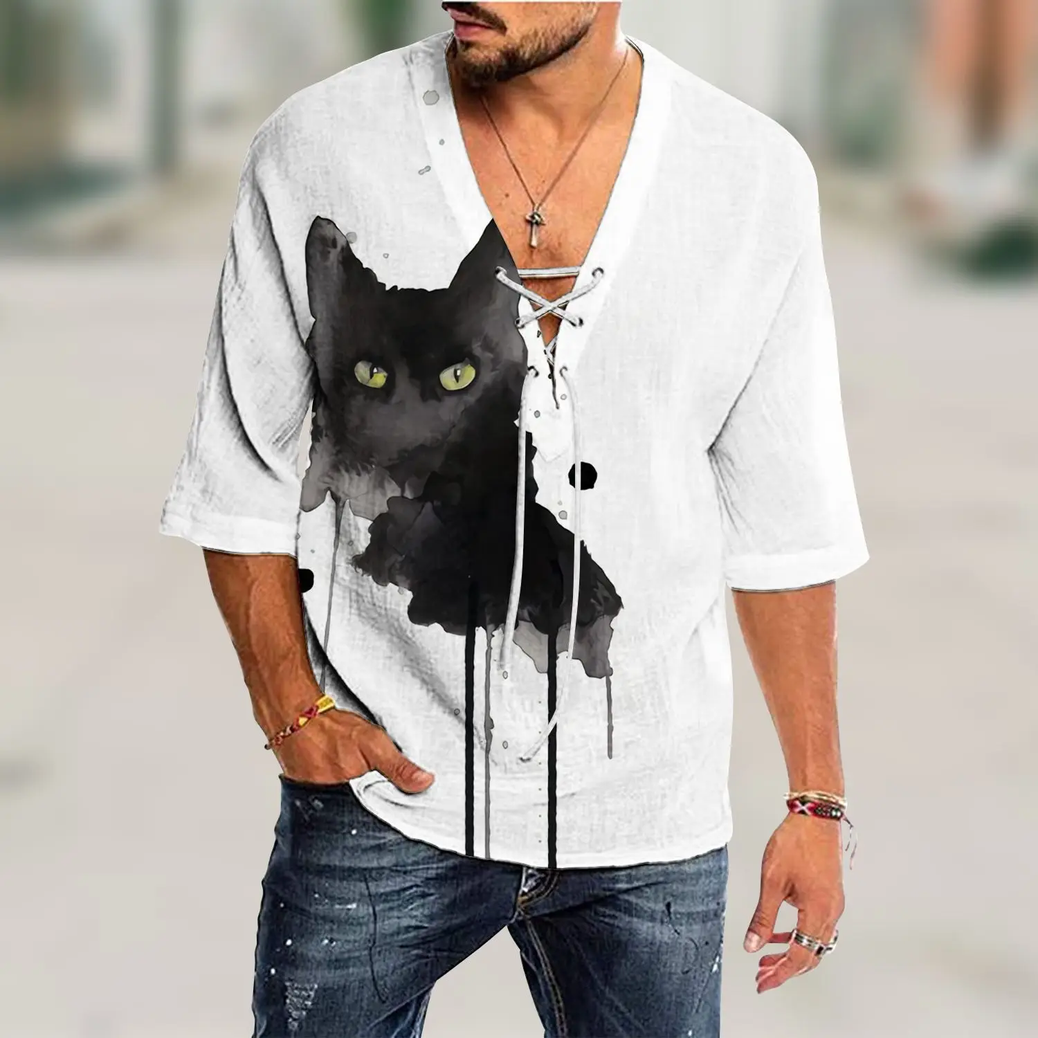 Men V-Neck Printed Cotton T-Shirt Blue 34F - Image 13