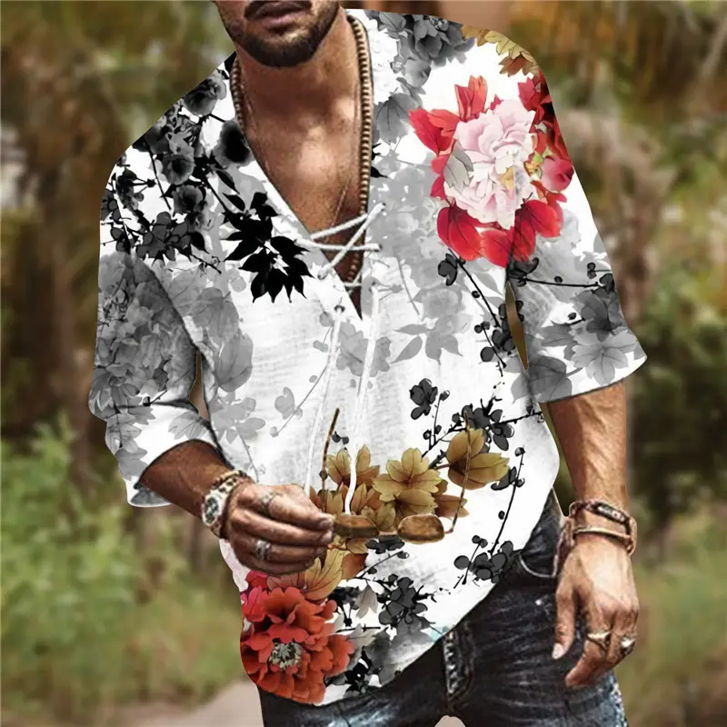 Men V-Neck Printed Cotton T-Shirt Blue 34F - Image 14