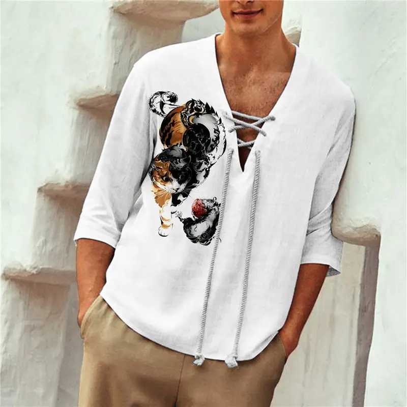 Men V-Neck Printed Cotton T-Shirt Blue 34F - Image 15