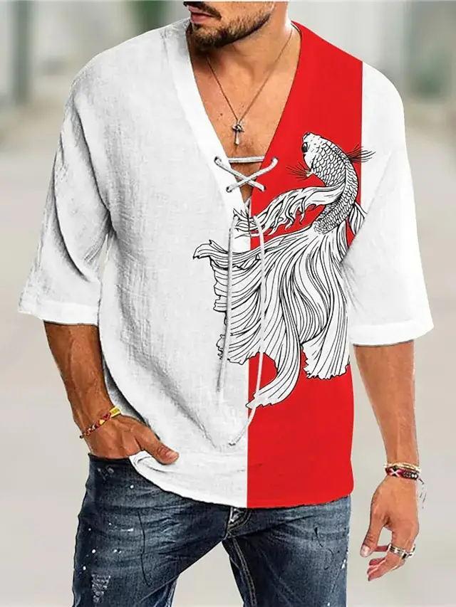 Men V-Neck Printed Cotton T-Shirt Blue 34F - Image 17