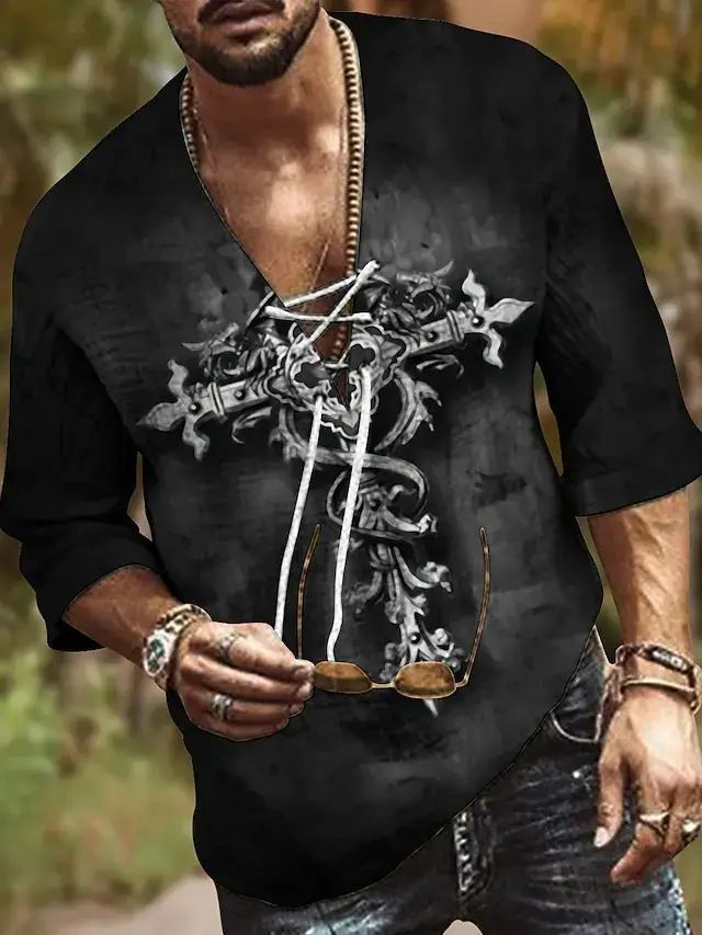 Men V-Neck Printed Cotton T-Shirt Blue 34F - Image 18