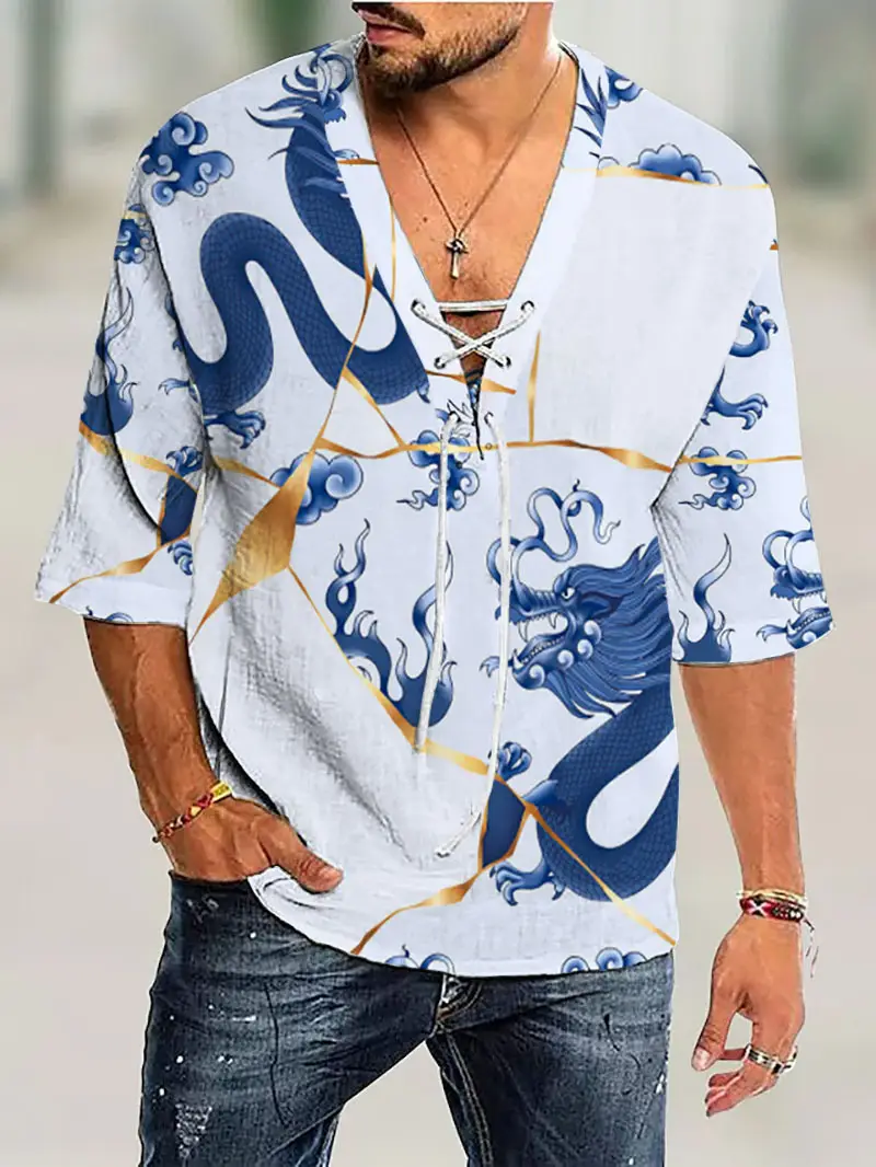 Men V-Neck Printed Cotton T-Shirt Blue 34F - Image 19