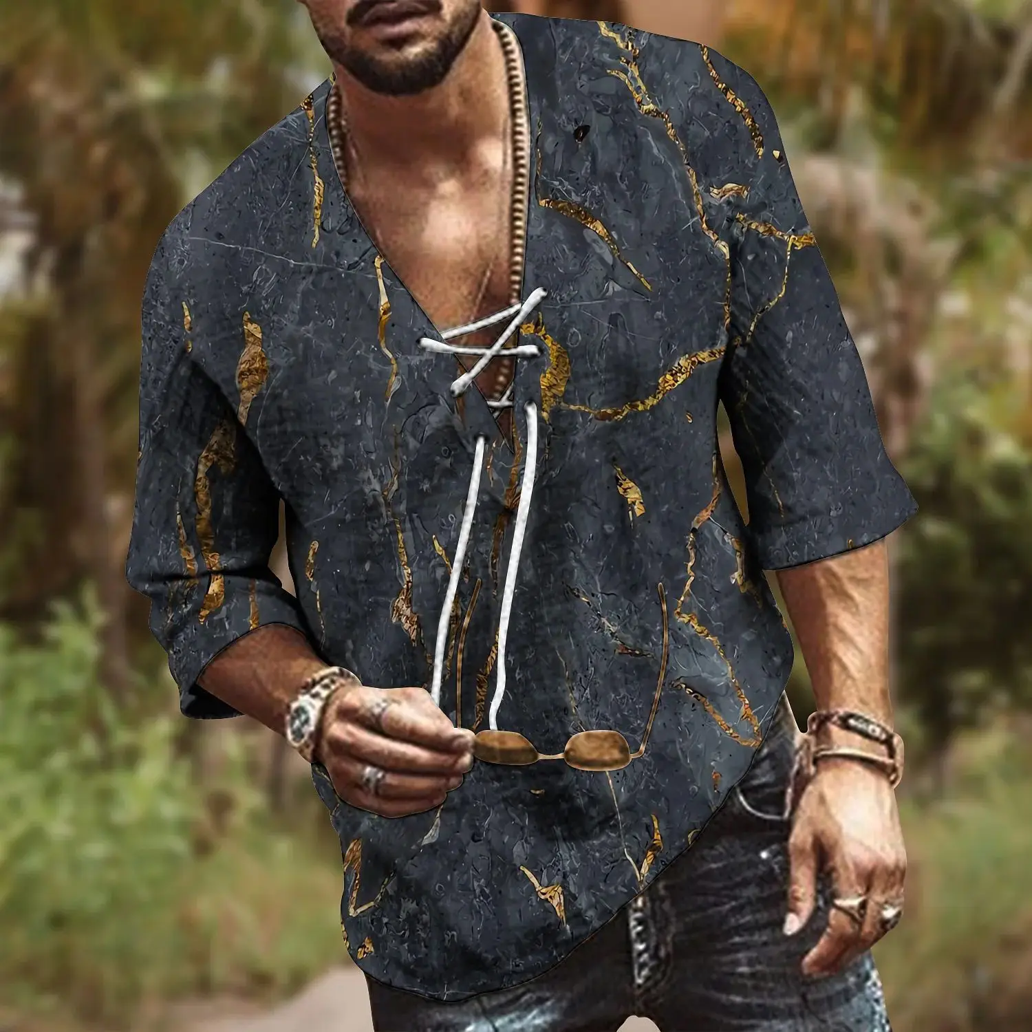 Men V-Neck Printed Cotton T-Shirt Blue 34F - Image 2